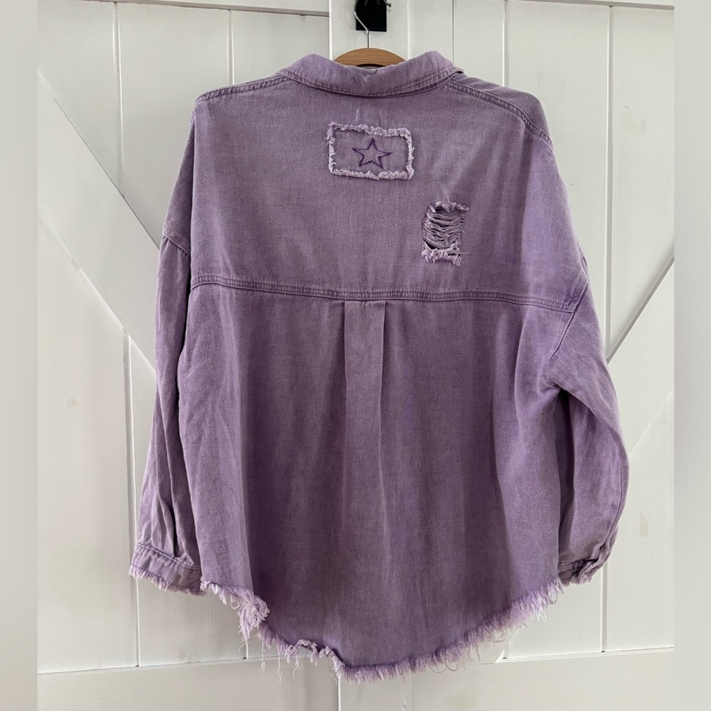 POL Oversized Distressed Purple Denim
Button Down Shacket - Picture 4 of 5
